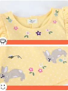 Girls yellow polka dot dress with embroidered rabbit and ruffled sleeves cotton casual wear
