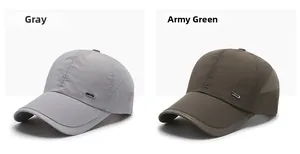 Dettaglio dei cappellini da baseball grigio e verde militare con rete traspirante e borchie