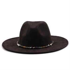 Unisex dark brown suede cowboy hat with wide brim and decorative beaded chain strap