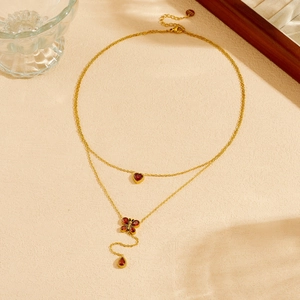 Elegant gold double-layer stainless steel necklace with red heart and clover pendants