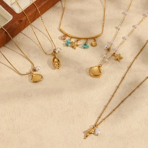 Ocean Shell Conch Starfish Pendant Necklace 18K Gold Plated Stainless Steel Artificial Pearl Summer Beach Jewelry For Women
