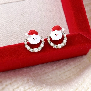 Asymmetric Santa Claus and Christmas bell stud earrings with pearls and rhinestones decoration
