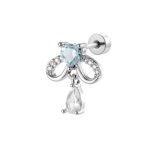 Boucle d'oreille cœur argenté avec nœud en zircon, pendentif goutte et fermoir à vis