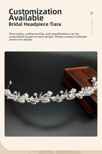 Detail of silver bridal headband with pearl leaf design and sparkling rhinestones