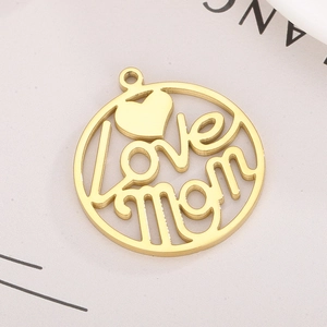 Golden stainless steel heart pendant with Love Mom engraving for DIY jewelry