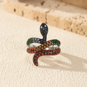 S925 Sterling silver snake ring with colorful gradient pavé crystals and open design