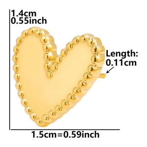 Detail showing dimensions of the gold heart stud earring made of 304 stainless steel