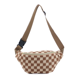 Detail of checkered waist bag showing adjustable strap and durable plastic buckle