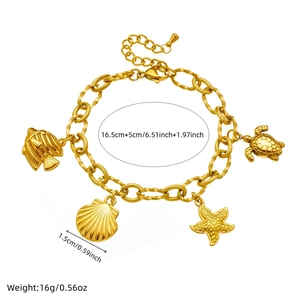 Gold-plated stainless steel ocean charm bracelet with starfish and turtle pendants