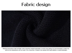 Detail view of high-quality dark fabric texture with specific washing care instructions