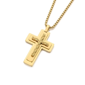 Three-layer gold stainless steel cross pendant necklace for men with a square link chain