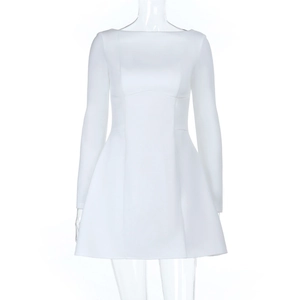 Elegant white backless long sleeve mini dress with waisted A-line silhouette for women