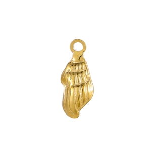 Detailed view of golden wing-shaped pendant with polished metallic texture on white background