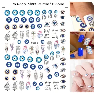 Evil eye nail art stickers featuring blue nazar and crescent moon motifs on sheets