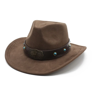 Dunkelbrauner Western-Cowboyhut aus Wildlederimitat mit Türkisperlen und Metallschnalle