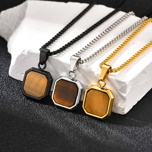 Men's stainless steel square tiger eye pendant necklace set in black, gold and silver finishes
