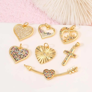 Heart Shaped Pendants Copper 14K Gold Plated Colorful Cubic Zirconia Cross Cupid Arrow Charms For Necklace DIY Jewelry Making