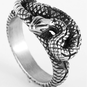 Vintage gothic snake biting tail ring with detailed engraving in antique silver finish