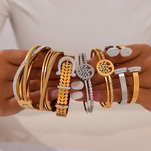 British style vintage geometric gold plated titanium steel bangles with sparkling crystals