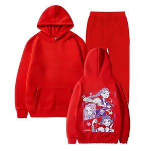 Flat lay of red hoodie and pants set featuring anime graphics and techwear typography
