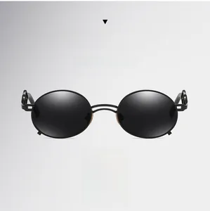 Close-up of steampunk sunglasses featuring black metal frames and mechanical gear details