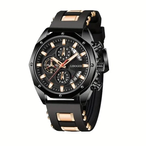 Men's sporty multi-function watch with black silicone strap and golden dial accents