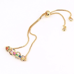 Elegant gold bracelet with multi-colored square zircons and adjustable slider chain