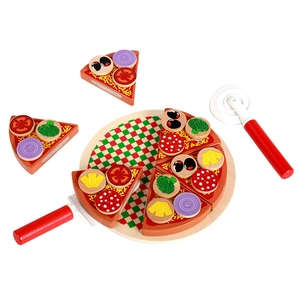 Wooden toy pizza set with cutting accessories and colorful velcro toppings on a round tray