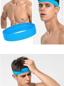 Detail view of sky blue high-elastic sports headband fabric texture and model fit