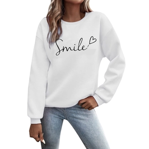 White casual crewneck sweatshirt with Smile text and heart print for women