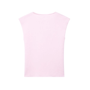 Detail of the pink sleeveless knit top showing the soft ribbed texture and round neckline