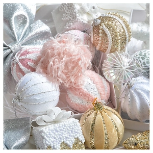 Detailed view of pink and champagne Christmas ornaments with pearls, sequins and glitter