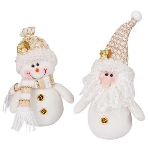 Christmas plush gnome set with white and gold knitted snowman and Santa Claus figurines