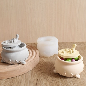 Halloween skull witch cauldron silicone mold for DIY resin storage jars and pots