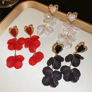 Vintage Long Drop Earrings Alloy Petal Heart Pendant With 925 Sterling Silver Earring Post French Style Elegant Women