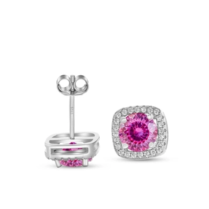 Macro view of S925 sterling silver pink moissanite earrings with halo square setting