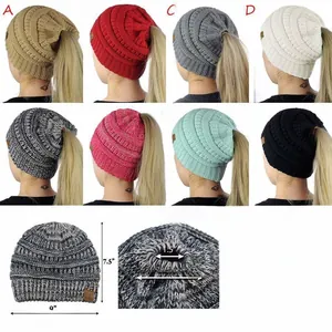 Detailed knit pattern of acrylic ponytail beanies in eight colors with C.C logo