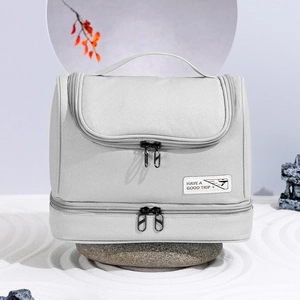 Light gray large capacity travel toiletry bag with wet dry separation and top handle