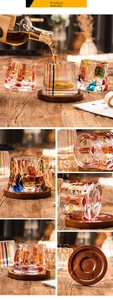 Detailed macro view of colorful textured whiskey glasses with round wooden bases