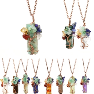 Tree Of Life Pendant Necklace Natural Stone Irregular Crystal Bar Wire Wrapped Crushed Stones Bohemian Vintage Handmade For Women
