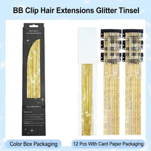 Golden glitter hair tinsel kit with 12 BB clip-in extensions and color box packaging