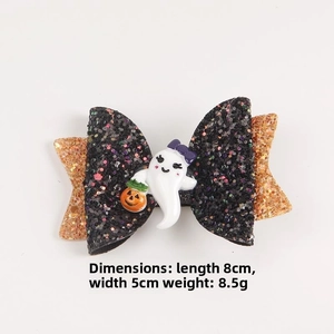 Halloween bow hair clip detail with ghost and pumpkin, dimensions 8x5cm and weight 8.5g