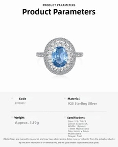 Detail view of S925 sterling silver ring with oval blue zircon and product specifications