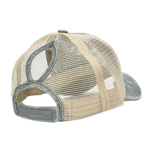 Vintage gray washed ponycap with mesh back and adjustable criss-cross ponytail opening