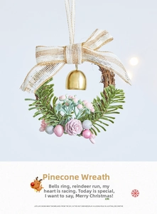 Close-up of pink Christmas wreath with silk bow berries and bells on vine base