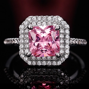 Luxury Pink Square Cubic Zirconia Ring Double Halo Copper Pavé Band Elegant Wedding Jewelry For Women