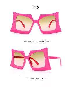 Detailed front and side views of rose pink oversized square sunglasses with thick temples