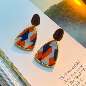 French vintage triangle earrings with colorful fabric inlay and golden beaded metal frame