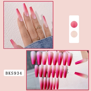 Detail view of long coffin-shaped pink gradient press-on nails with 24 pieces display