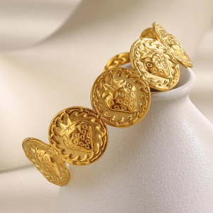 Bracelet Jonc Vintage Relief Fraise Étoile Acier Inoxydable Plaqué Or 18K Bracelet Ouvert Gaufré Pour Femme Mode